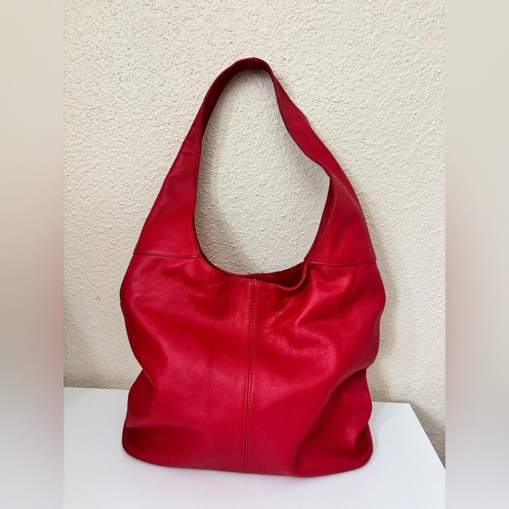 SOFT RED PEBBLE LEATHER HOBO SHOULDER BAG MADE IN ITALY - Picture 4 of 11